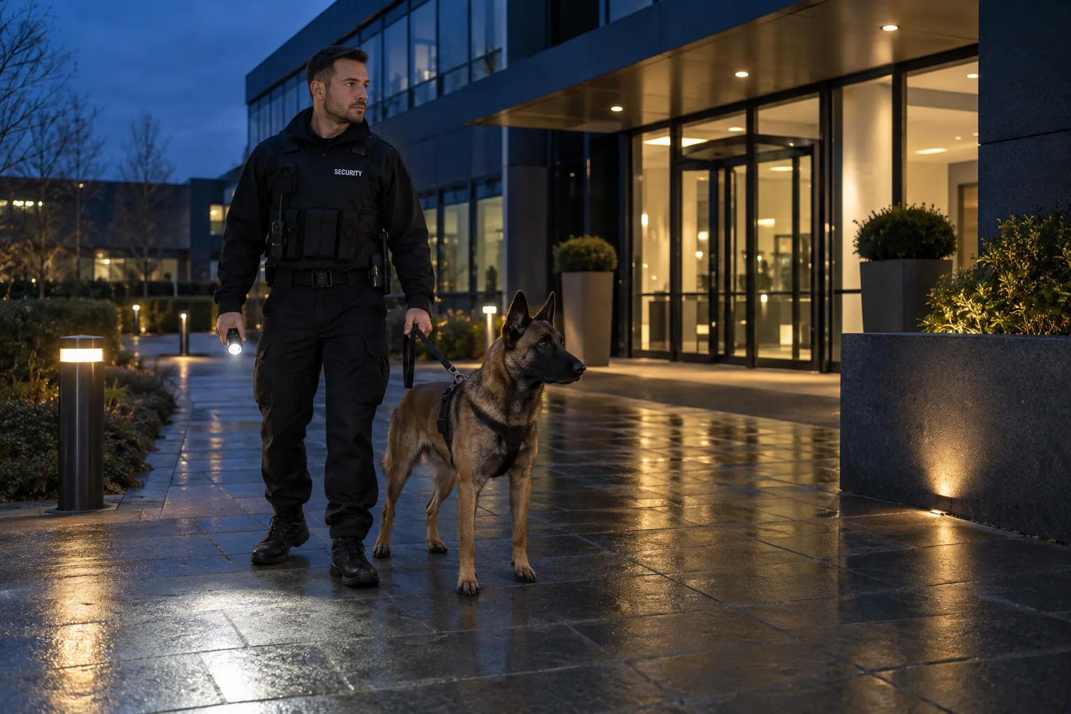Illustration of a handler and security dog